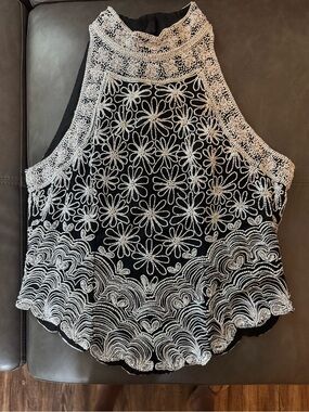 Papell Boutique Black Tank Top with White Beaded Floral Embroidery